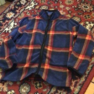 OshKosh B'gosh Navy Plaid Zip-Up Puffer Jacket with Orange Stripes